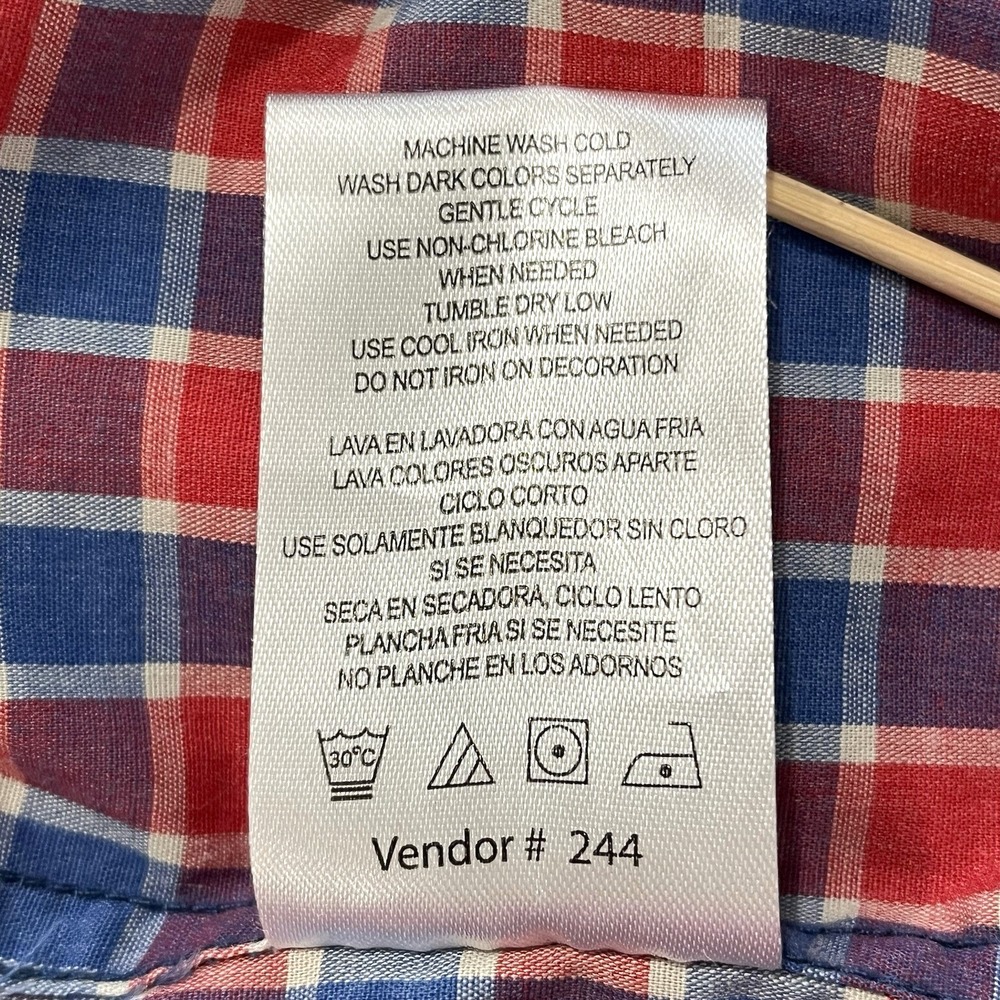 Lee Mens Shirt XL Blue Red Check Button Up Short Sleeve Stretch Patriotic Casual - Picture 8 of 8